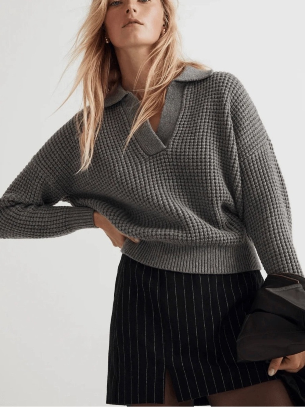Madewell Gray Waffle-Knit Cropped V-Neck Sweater